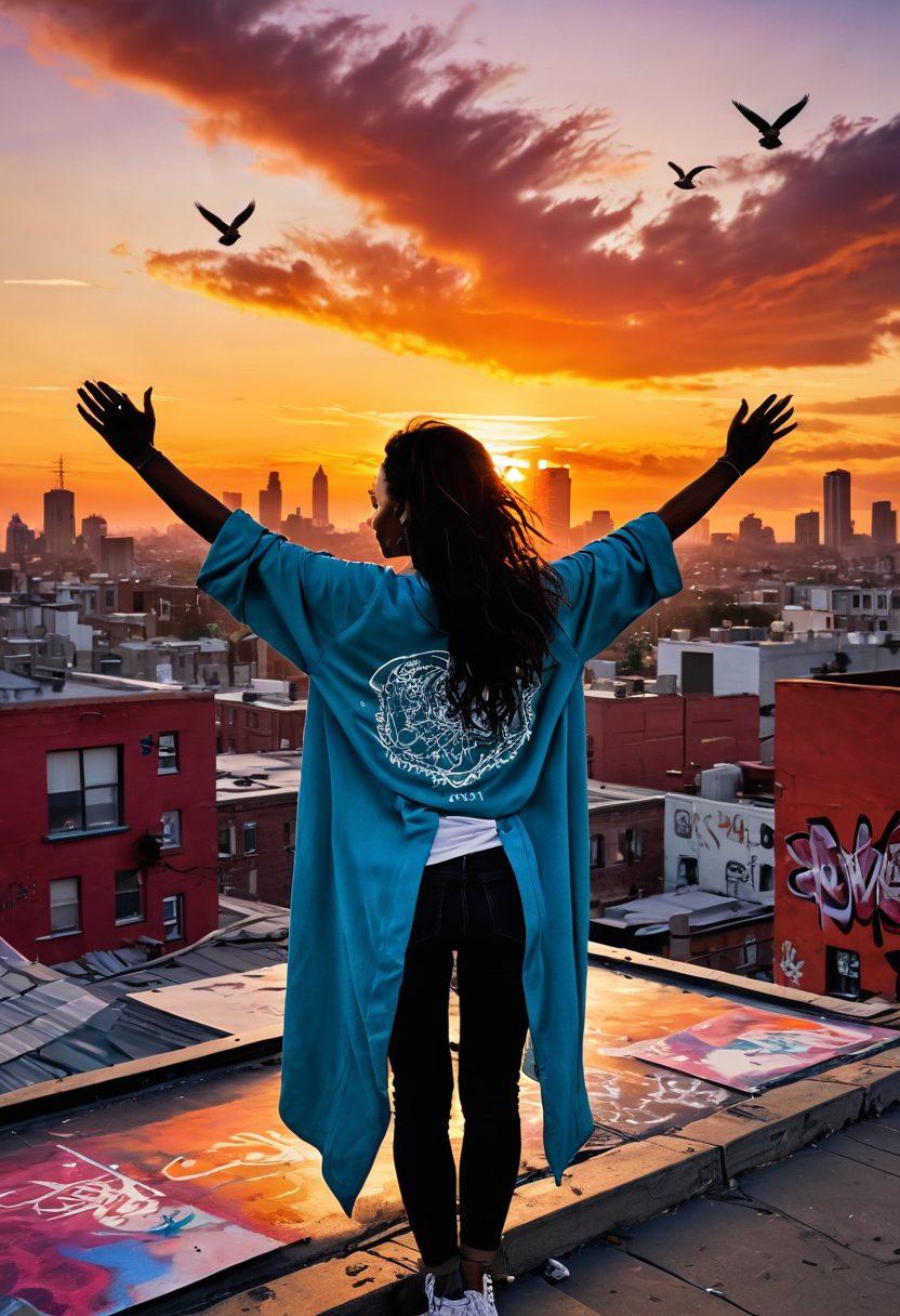 A passionate, free-spirited figure standing on a windswept rooftop, arms raised towards the sky, surrounded by vibrant graffiti art symbolizing love and rebellion. In the background, a sunset casts warm hues over a cityscape filled with symbols of liberation, like doves and broken chains. The scene embodies a sense of freedom and defiance, capturing the essence of dissent and love. super-realistic. vibrant colors. urban setting.